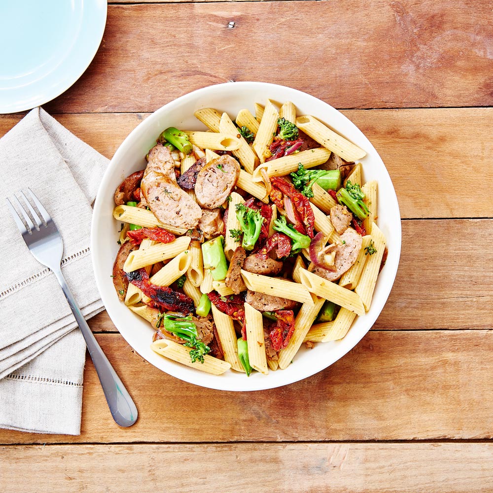 SMART Protein Penne Broccolini and Sausages with Sundried Tomatoes